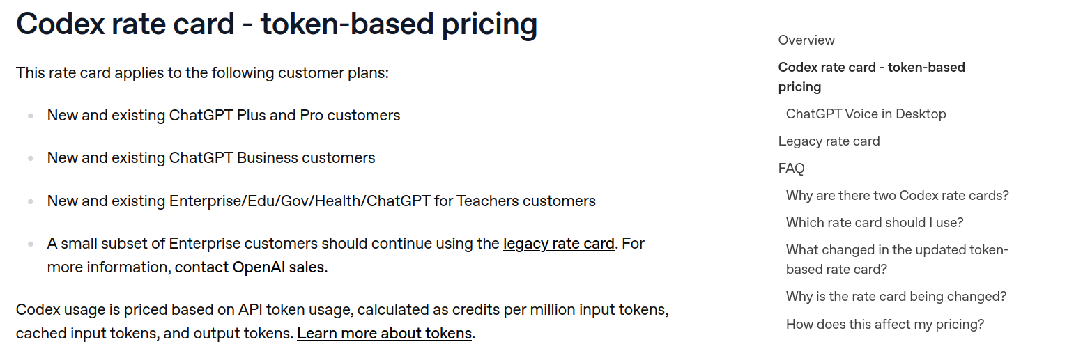 OpenAI help page describing the Codex token-based rate card and which ChatGPT plans it applies to