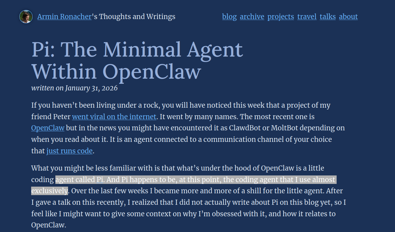Armin Ronacher's blog post "Pi: The Minimal Agent Within OpenClaw"